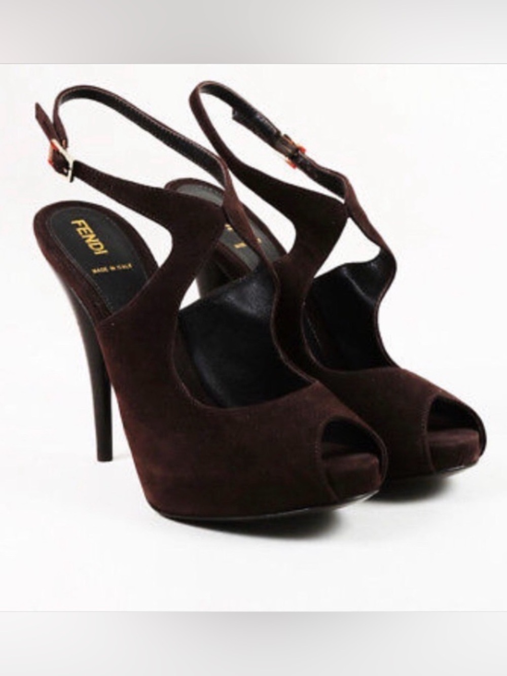 Fendi Chocolate Brown Velvet Peep Toe Slingback Heels Size 37.5 - Picture 2 of 11